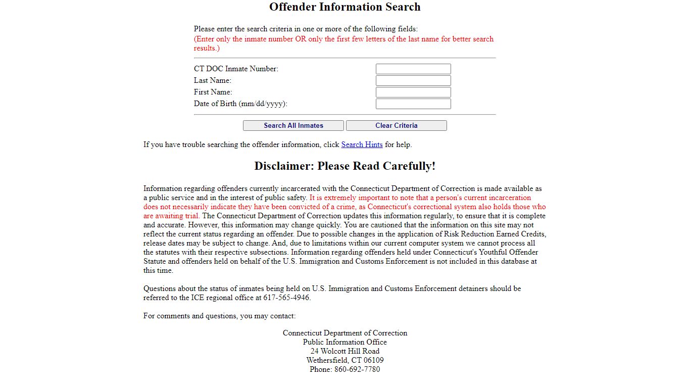 Department of Correction Inmate Information Search